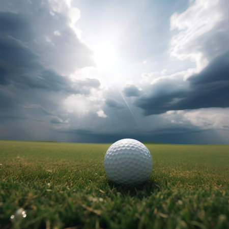 Golf ball on green grass with blue sky and white clouds.の素材