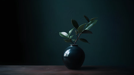 Vase with green plant on wooden table and dark background. Toned imageの素材