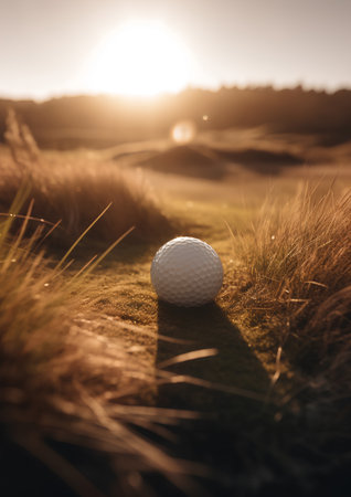 Golf ball on a green grass in a beautiful golf course at sunsetの素材