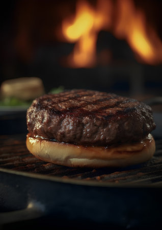 Grilled hamburger on a grill with a fire in the backgroundの素材