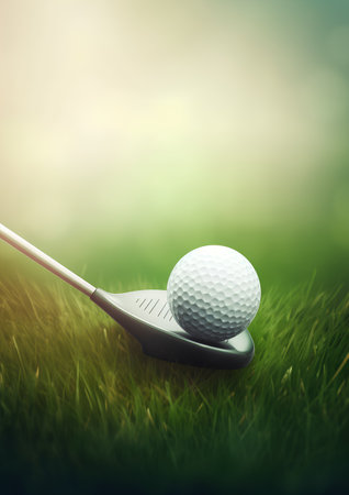 Golf club and golf ball on green grass with bokeh backgroundの素材