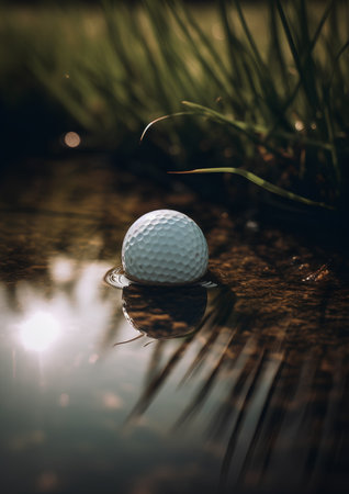 Golf ball on a tee in a golf course in the eveningの素材