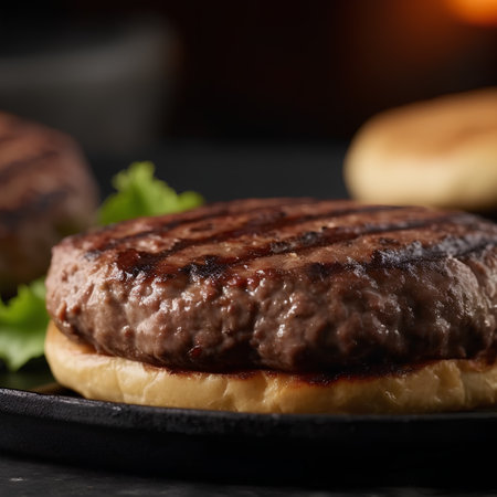 Grilled hamburger on a frying pan, selective focus, shallow DOFの素材