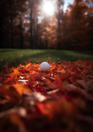 Golf ball on a green lawn with fallen leaves in autumn forestの素材