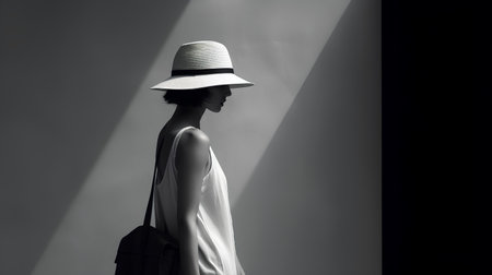 Silhouette of a beautiful woman in a hat with a bagの素材