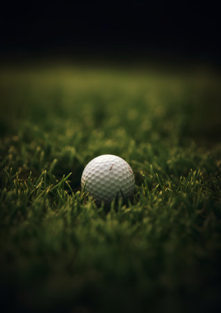 Golf ball on green grass, close-up, selective focusの素材