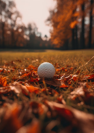 Golf ball on the green grass in the autumn forest. Close-upの素材