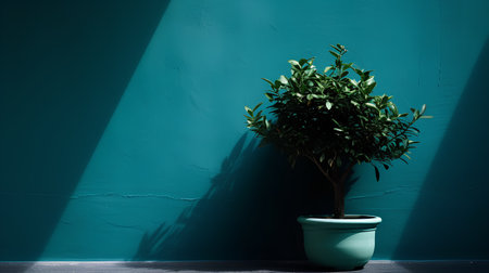 green plant in a pot on a turquoise wall with sunlightの素材