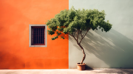 Eucalyptus tree on orange wall with window, vintage colorの素材