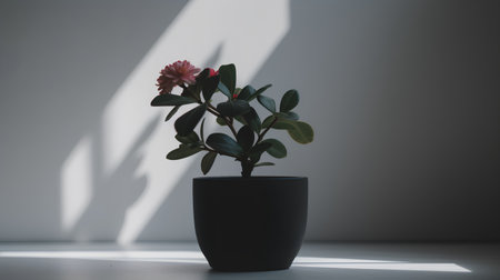 Flower in a black pot on a white wall background. Minimalism.の素材