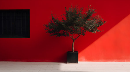 Olive tree in a pot on a red wall background. 3d renderingの素材