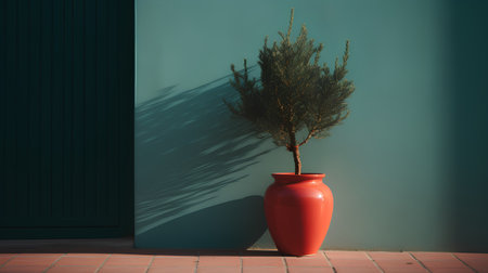 Tree in a vase on a green wall background. 3d renderingの素材