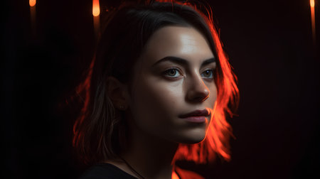 Portrait of a beautiful young woman in a dark room with neon lightsの素材