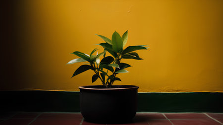 Ficus in a pot on a background of a yellow wall.の素材