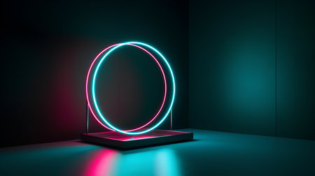 3d rendering of a neon sign in a dark room with a large mirrorの素材