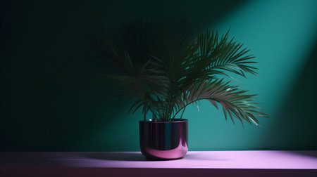 Potted palm tree on a shelf in a dark room. 3d renderingの素材