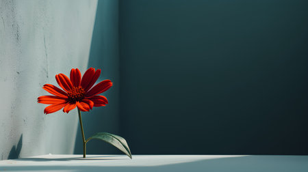 Red gerbera flower on a green background. Minimalistic still life.の素材