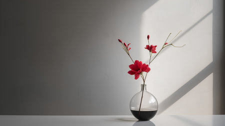 Red flowers in a vase on a white table. 3d renderingの素材