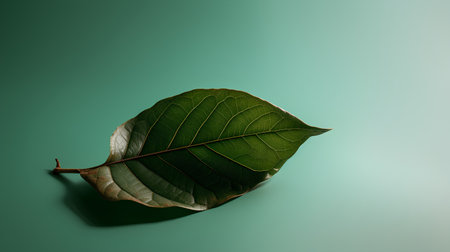 Green leaf on a green background. Copy space. Minimal concept.の素材