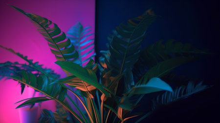 Tropical palm leaves in neon light. Minimal trendy concept.の素材