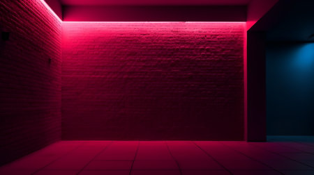 Red brick wall and floor illuminated by pink neon light, 3d renderの素材