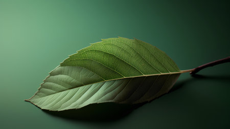 Green leaf on a green background. Minimalistic style. Copy space.の素材