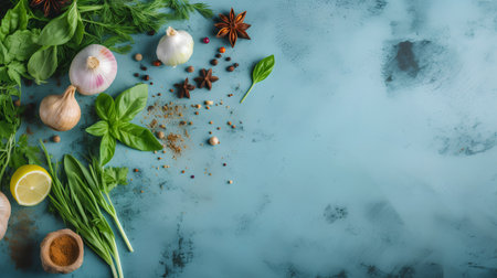 Fresh herbs and spices on blue background. Top view with copy spaceの素材