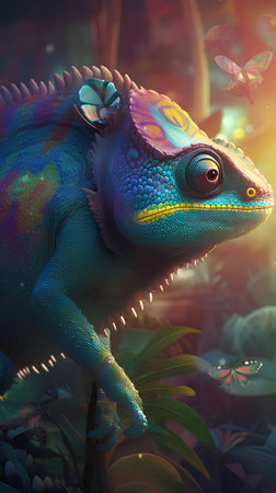 Colorful chameleon in the jungle. 3D illustration.の素材