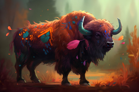 Beautiful bison in the forest. Illustration for your designの素材