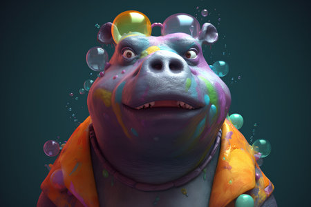 3d rendering of a hippo with colorful paint splashes.の素材