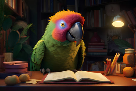 Parrot reading a book at night in the library. 3d illustrationの素材