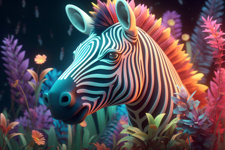 Zebra in the jungle with flowers. 3d render illustration.の素材
