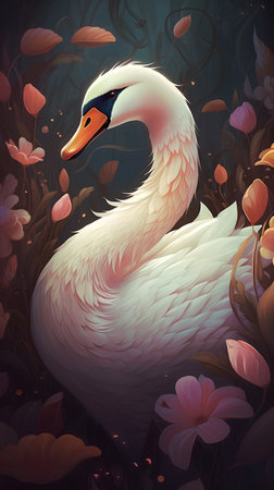 Beautiful swan on the background of wild flowers. Vector illustration.の素材