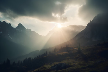 Sunset in the mountains. Dramatic scene. Artistic style.の素材