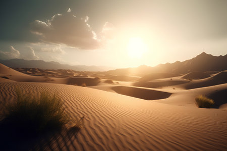 Desert landscape with sand dunes at sunset. 3d renderの素材