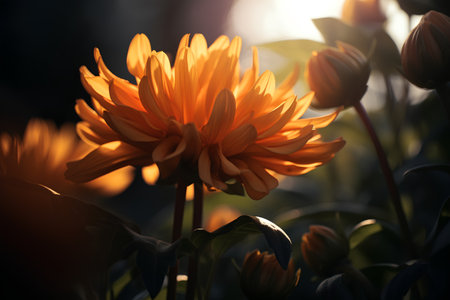 Orange dahlia flower in the garden at sunset. Shallow depth of fieldの素材