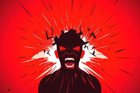 Angry man screaming in anger, vector illustration. Red background.の素材