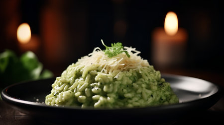 Risotto with pesto and parmesan on a dark backgroundの素材