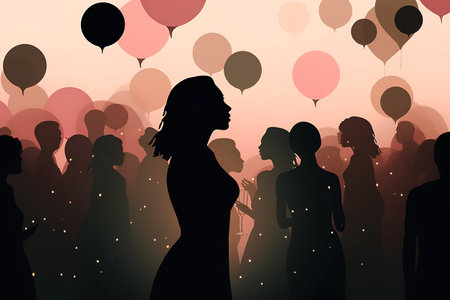 People silhouettes with balloons on background. Crowd of people. Vector illustration.の素材