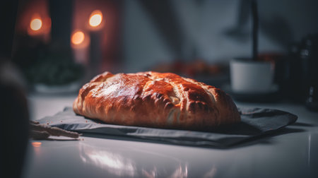 Freshly baked croissant on a table in the kitchen.の素材