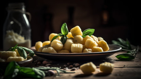 Potato gnocchi with basil and olive oil, selective focusの素材