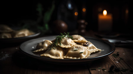 Homemade ravioli with dill and rosemary on a dark backgroundの素材