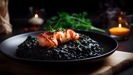 Black risotto with shrimps and herbs on a black plateの素材