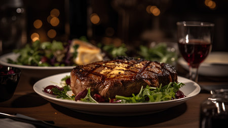 Grilled beef steak on a plate with salad and wine in a restaurantの素材