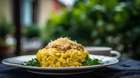 Risotto with meat and parmesan cheese on a plateの素材