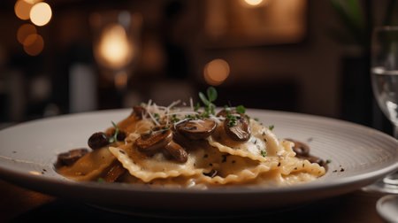 Ravioli with champignon mushrooms and cheese on a plateの素材