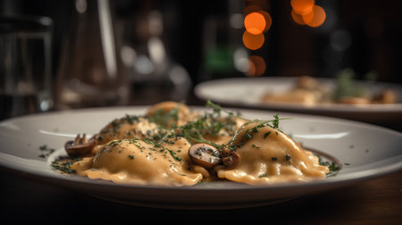 Ravioli with mushroom sauce on a wooden table in a restaurantの素材