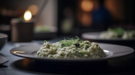 Risotto with green olives and parmesan cheese on a dark backgroundの素材