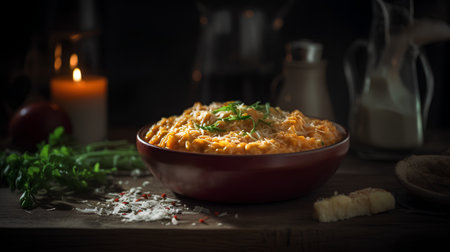 Pasta with cheese and herbs in a bowl on a wooden tableの素材