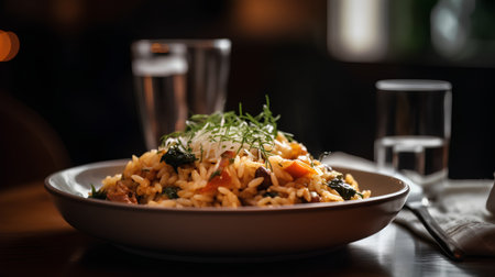 Pilaf with rice and vegetables on a wooden table in a restaurantの素材